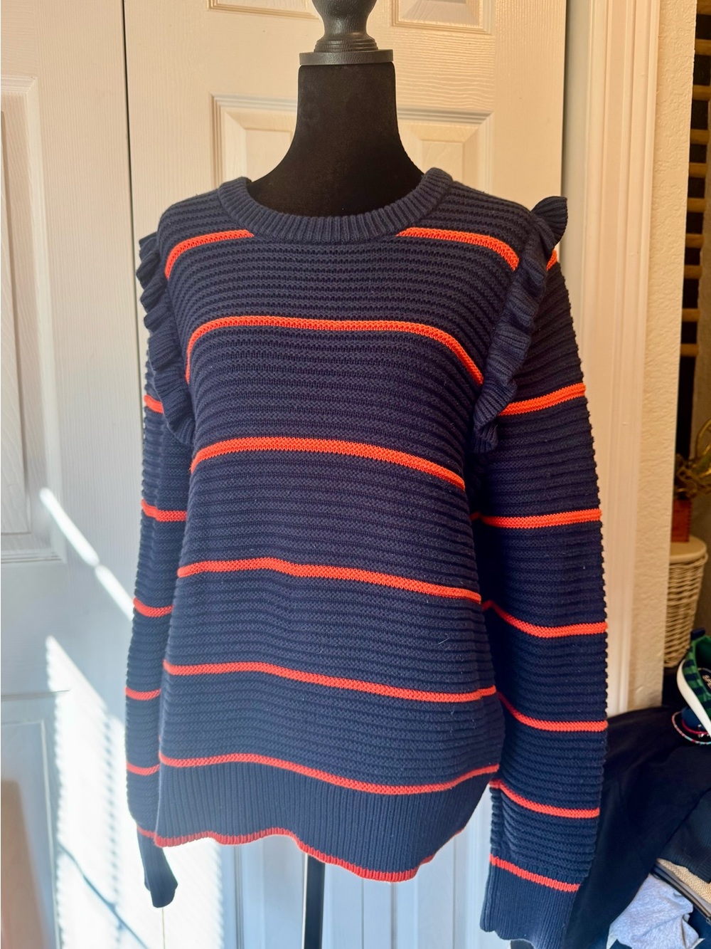 Banana Republic Navy Crewneck Sweater with Orange Stripes